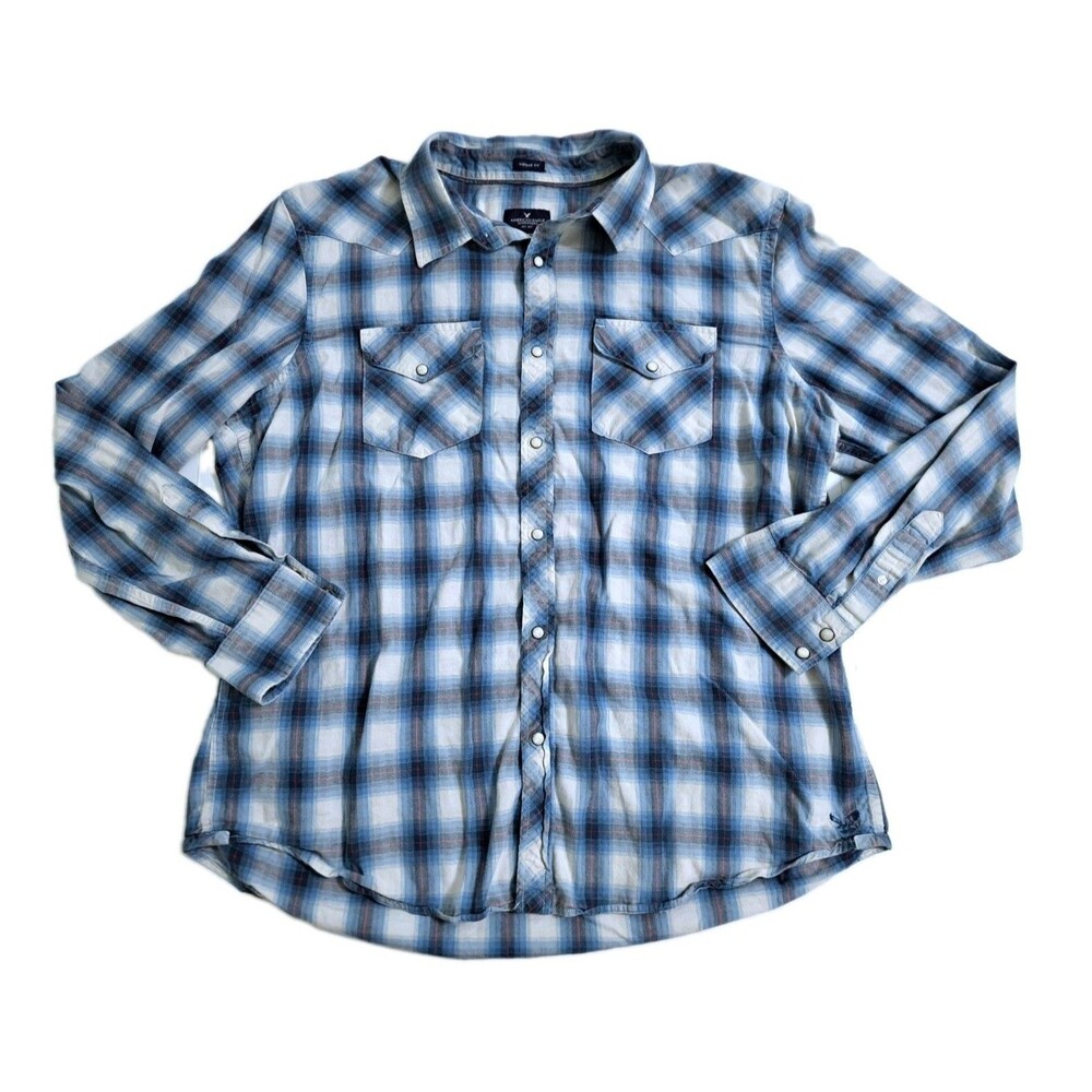 American Eagle Shirt Mens 2XL Plaid Blue White Classic Pearl Snap Button 90s Y2K